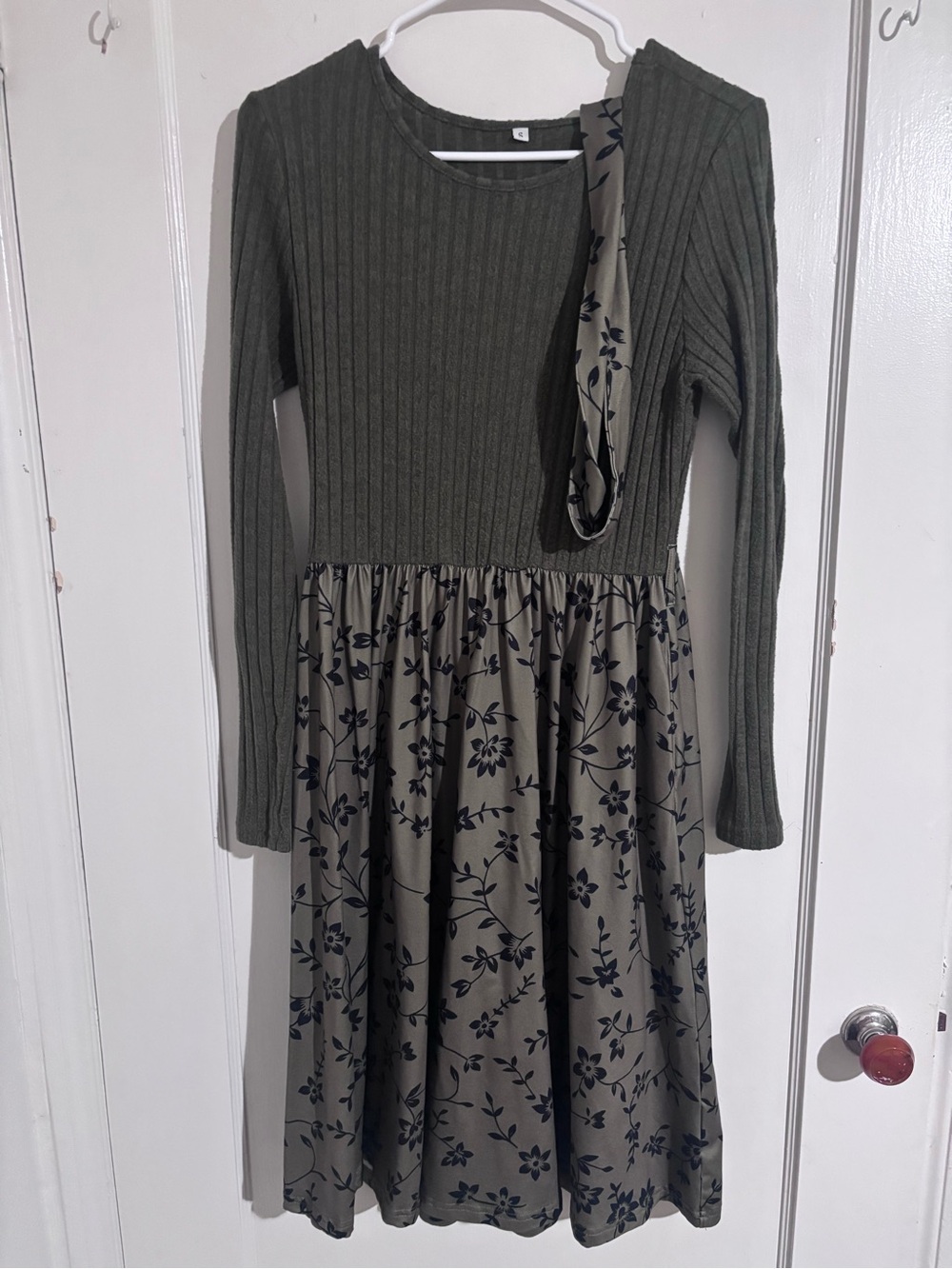 Olive Green Ribbed Knit & Floral Skirt Dress